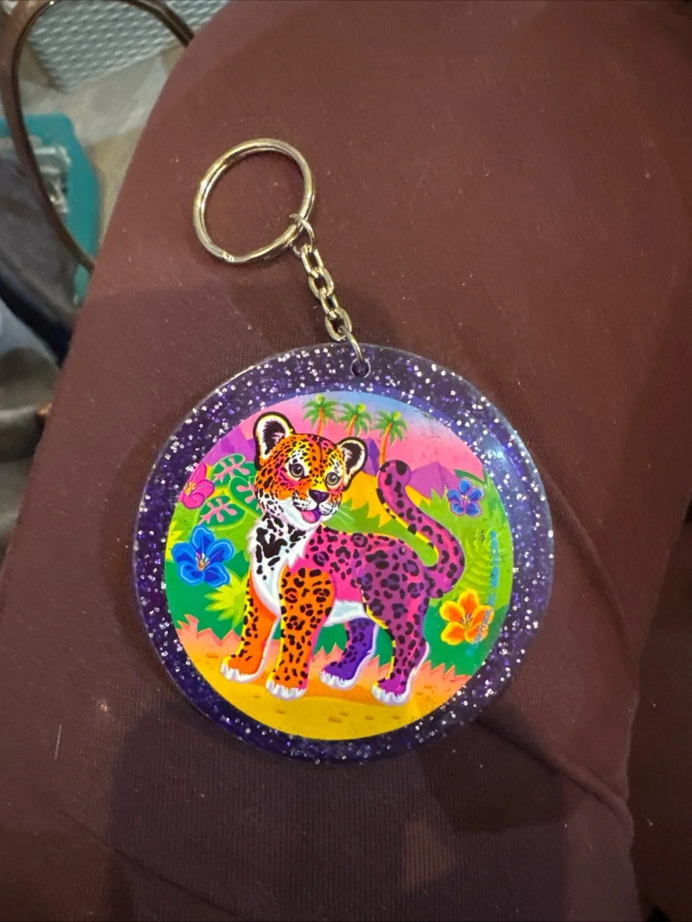 Lisa Frank Hunter Purple Pink Orange Neon Leopard Mirror Keychain‎